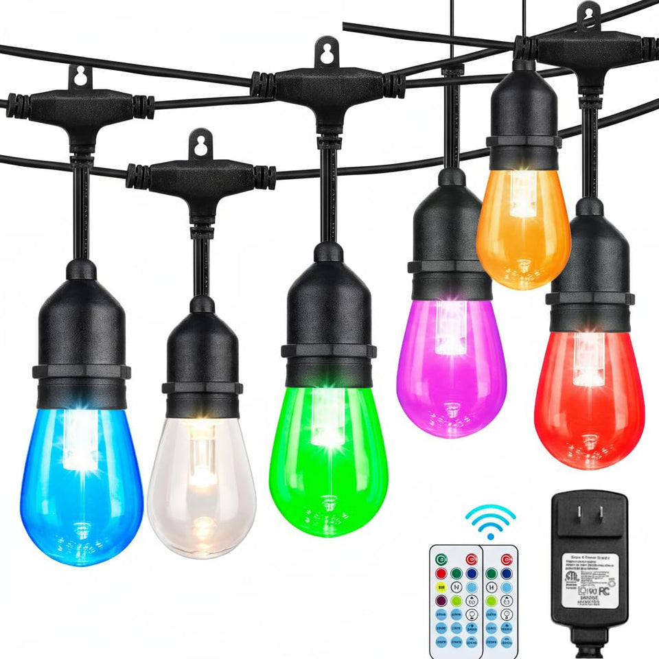Auroraworld 24ft RGB outdoor string lights brighten a patio with vivid color.