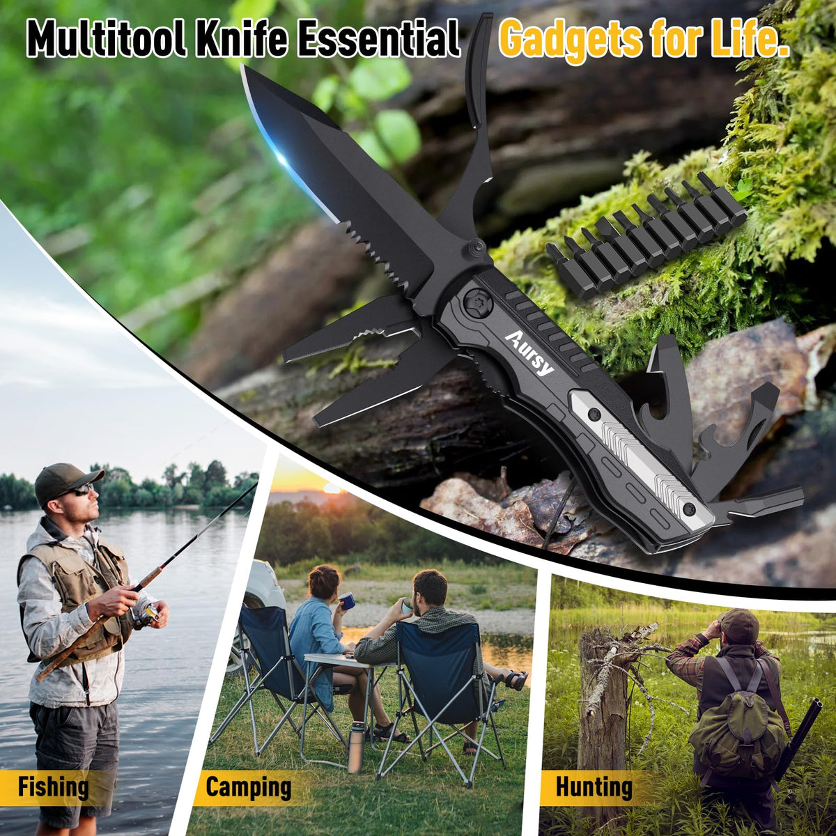 Aursy compact knife in nylon bag with belt clip for portability.