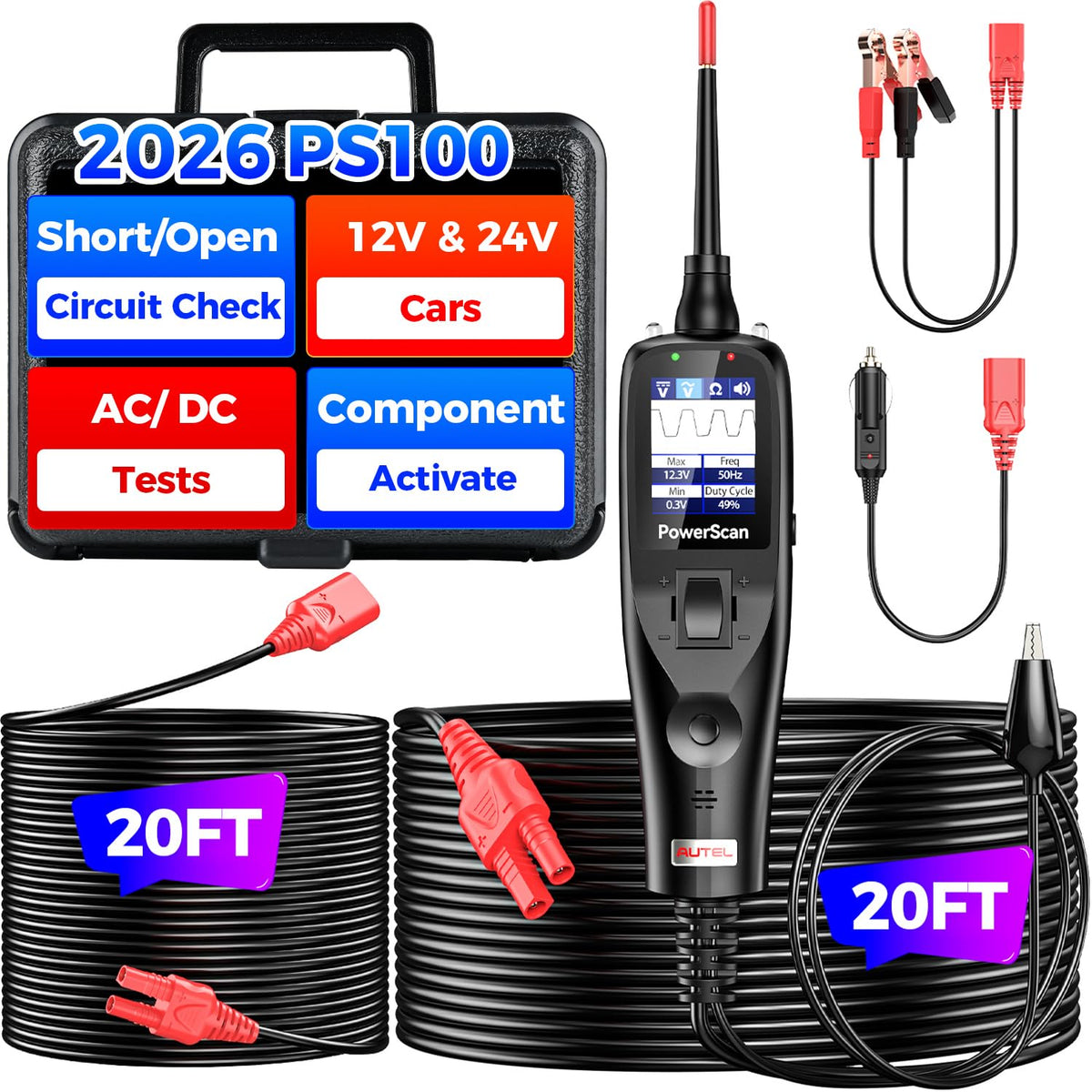 Autel PS100 circuit tester performing DC and AC voltage tests for quick diagnostics