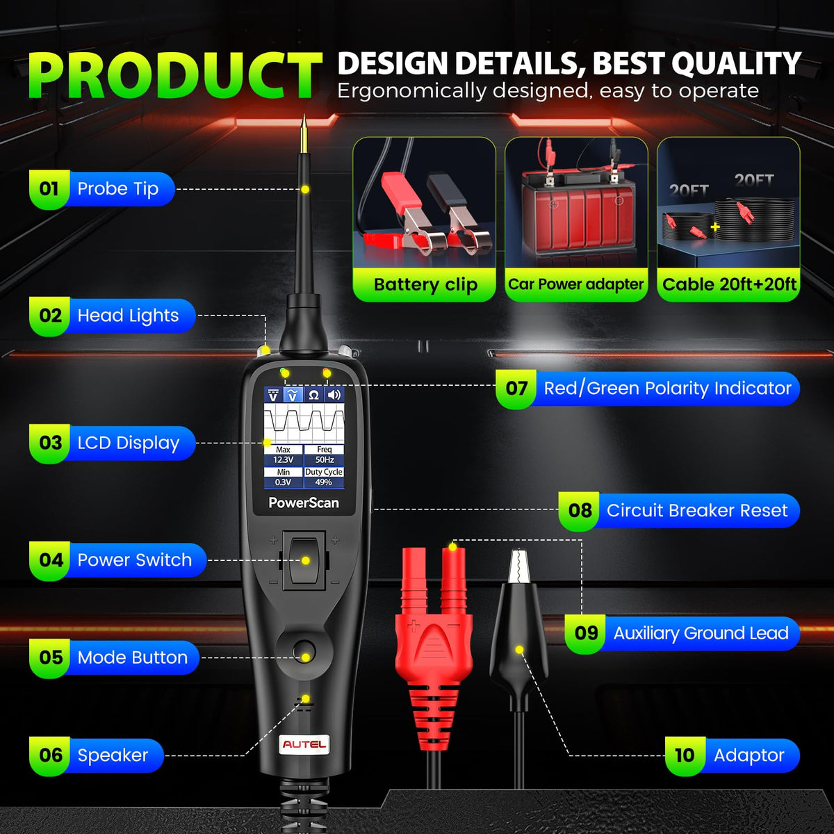 Autel PS100 portable test kit with extension cable for flexible use