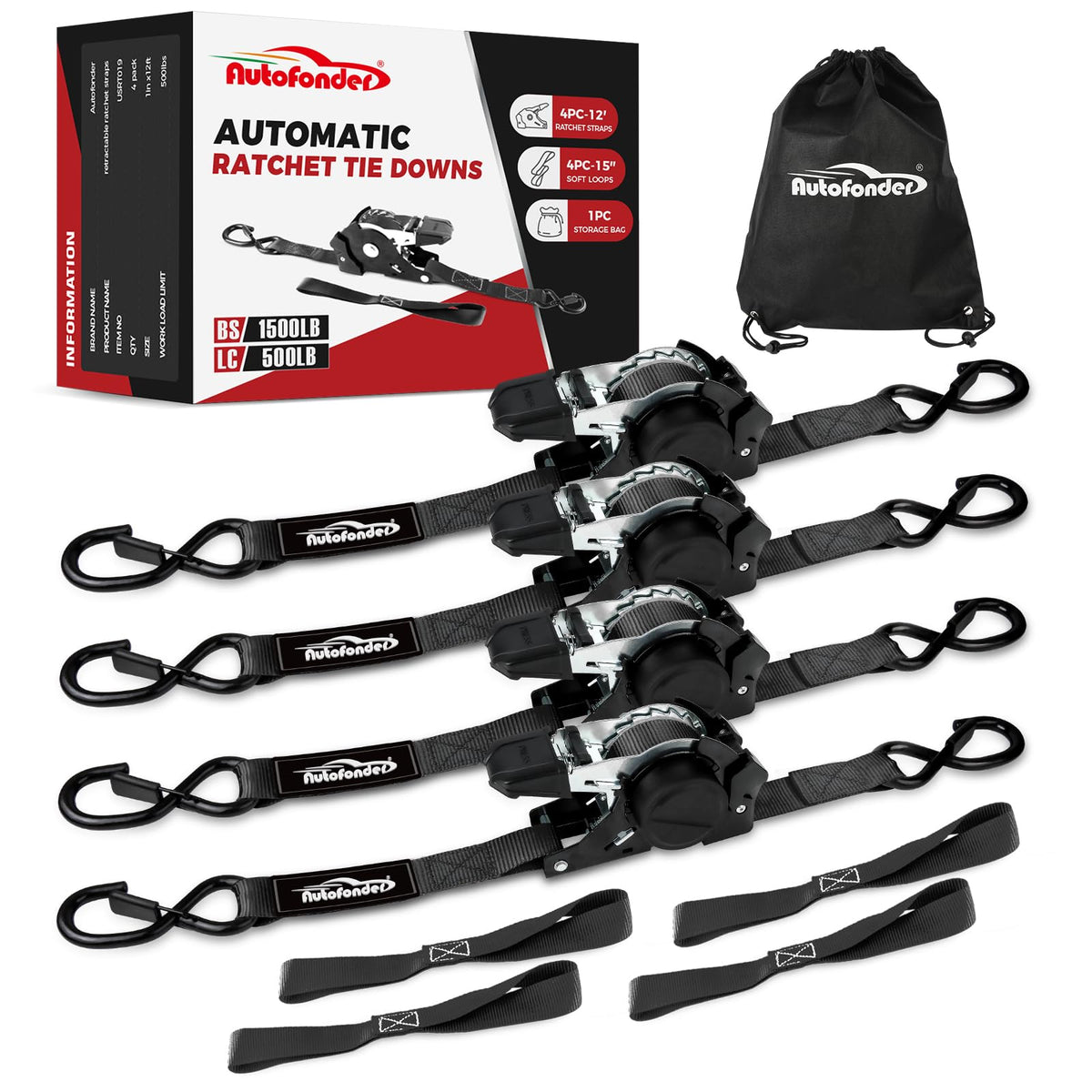 Autofonder retractable ratchet straps with soft loops for secure cargo.