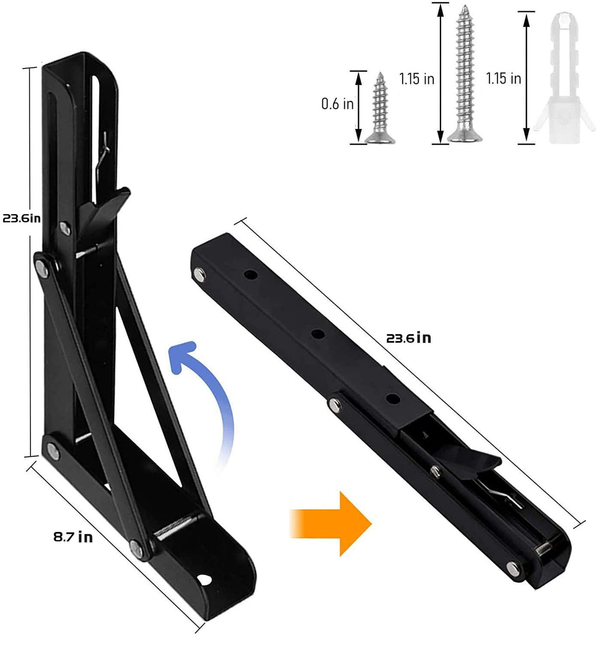 AUTOHJ wall-mount folding brackets demonstrate space-saving storage in a compact workshop.
