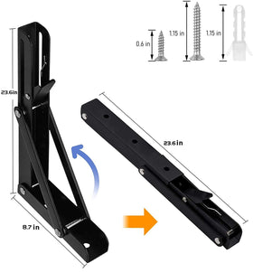 AUTOHJ wall-mount folding brackets demonstrate space-saving storage in a compact workshop.