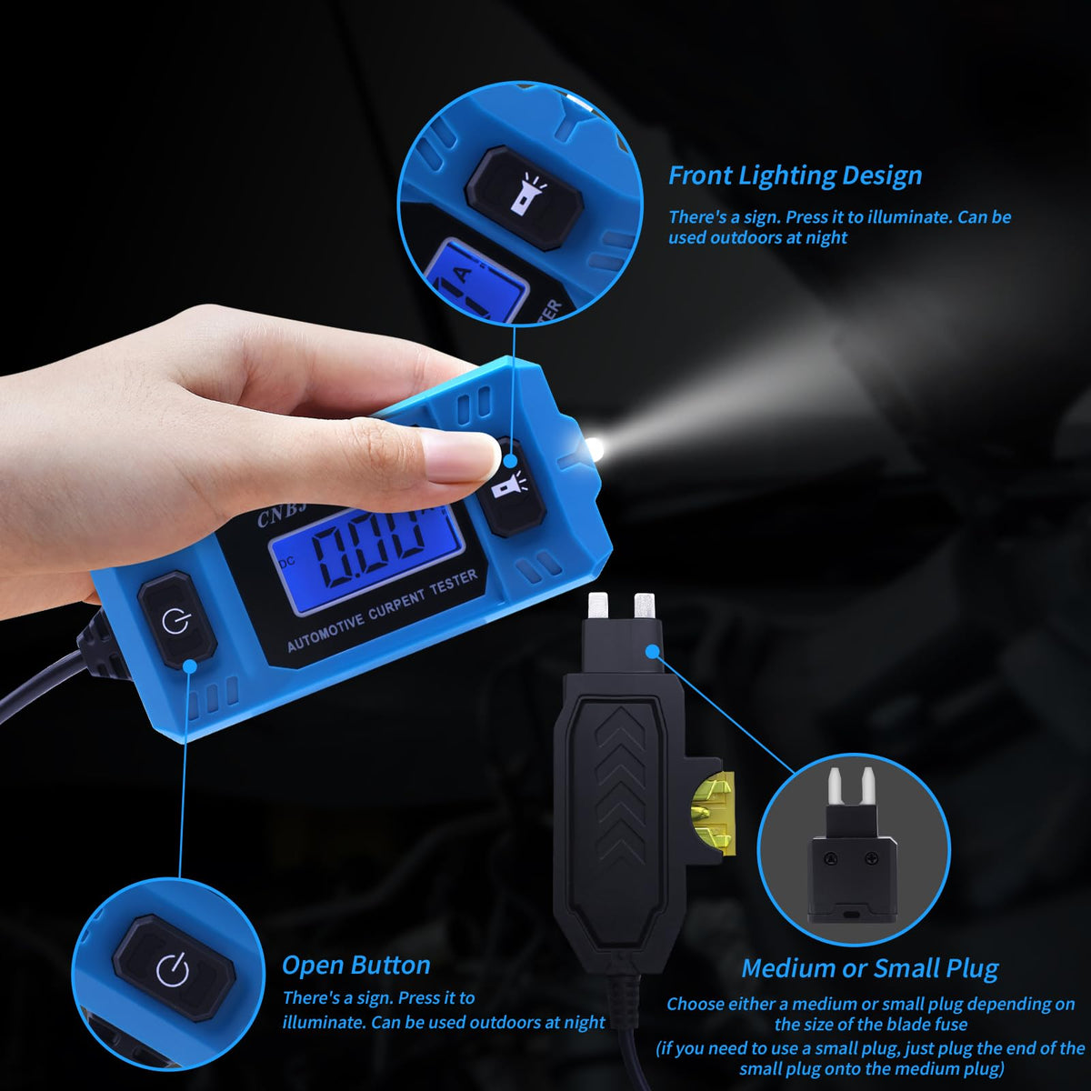 Autokcan circuit fault tester fuse socket accepts blade fuses for testing.