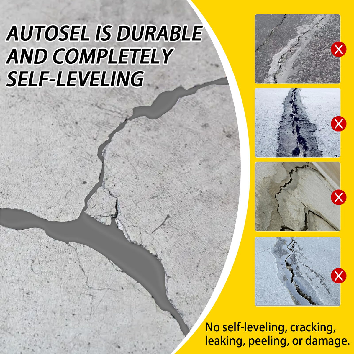Autosel asphalt crack filler sealing a garage floor crack.