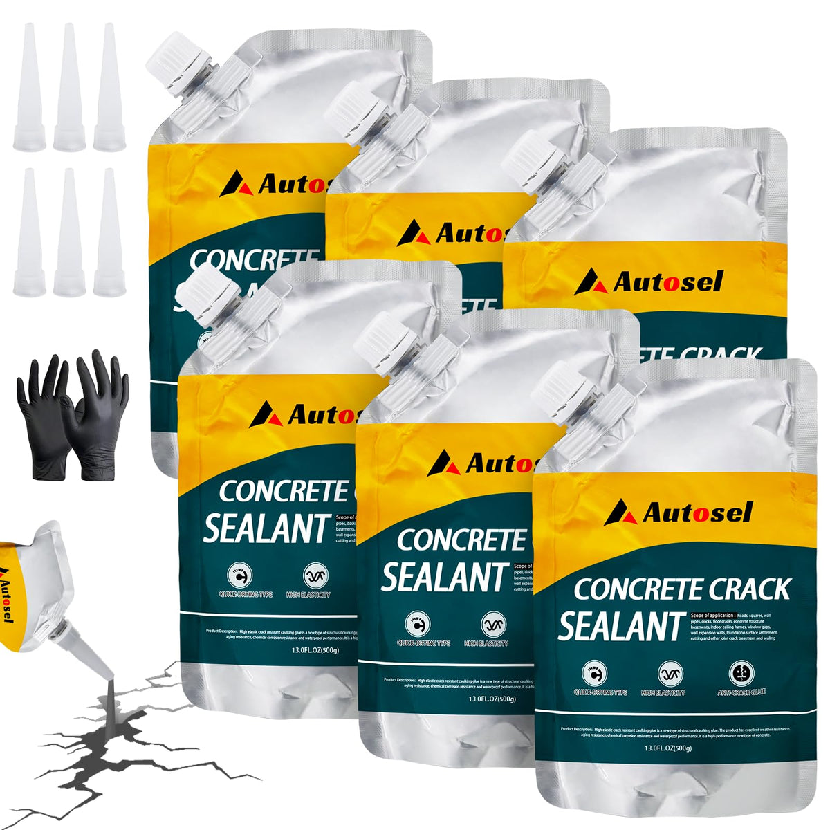 Autosel concrete crack filler bottle pour showing quick self-leveling repair for driveways