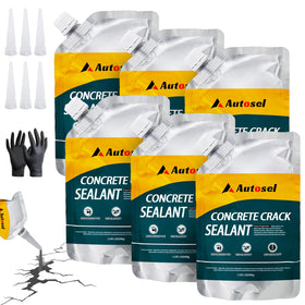 Autosel concrete crack filler bottle pour showing quick self-leveling repair for driveways
