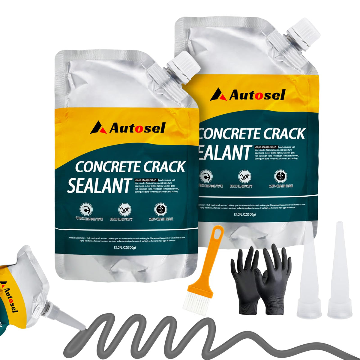 Autosel concrete crack filler bottle pour shows high elasticity for outdoor crack repair.