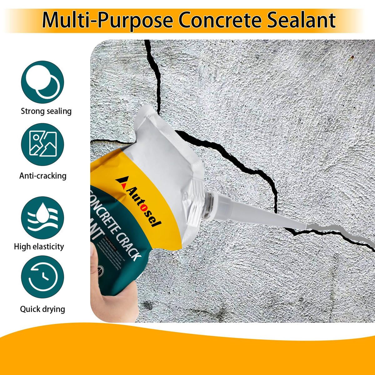 Autosel concrete crack filler waterproof barrier sealing a crack against rain and weather exposure.