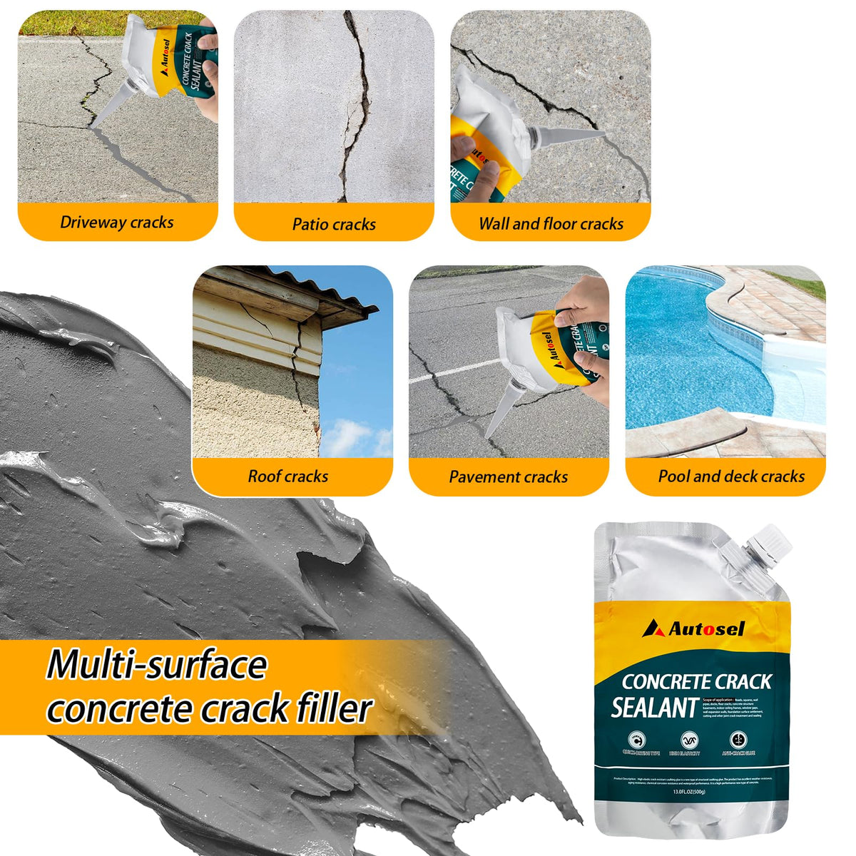Autosel crack filler works on concrete, asphalt, brick, and tile surfaces for durable repairs