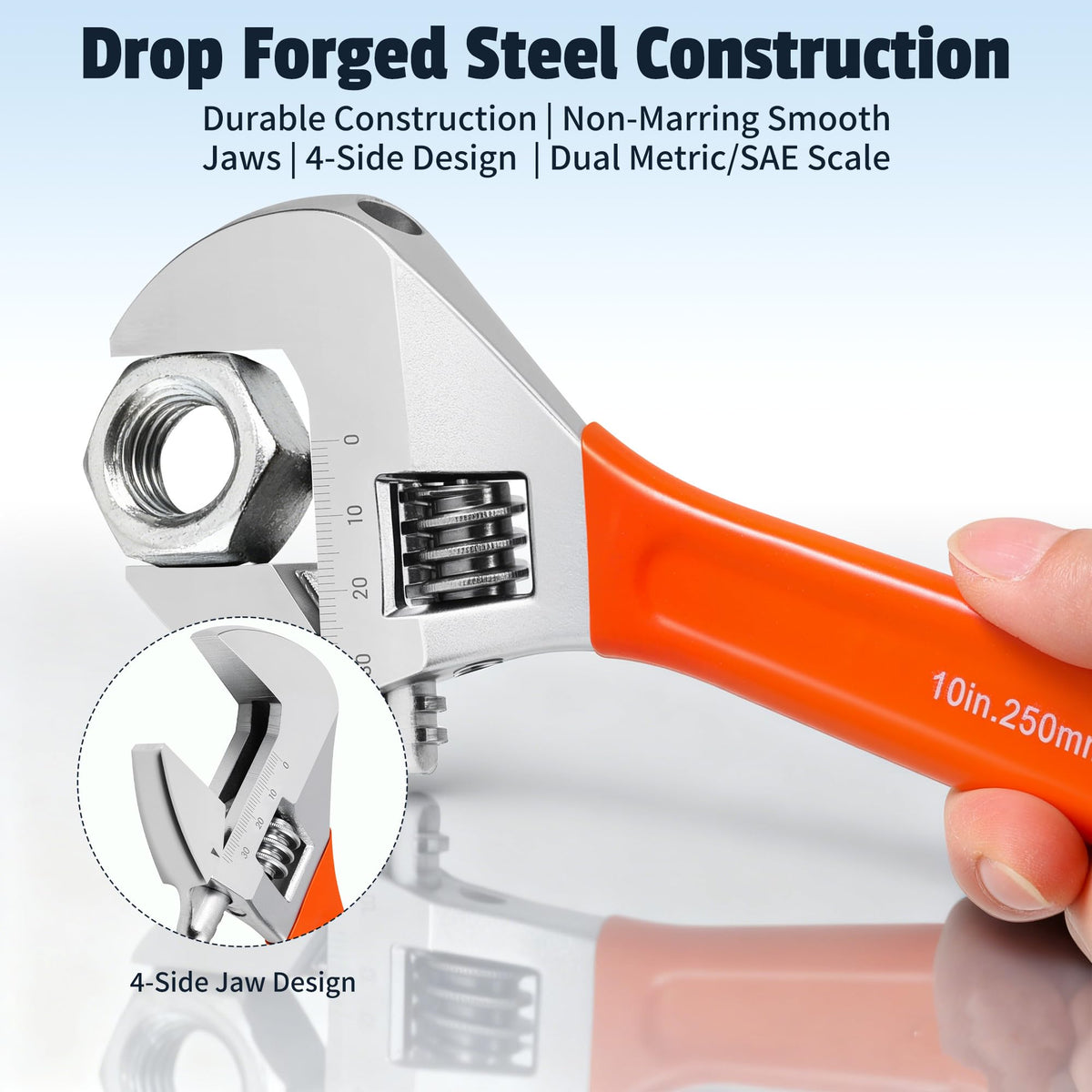 AutoViteX 10in adjustable wrench with laser markings for precise adjustments.