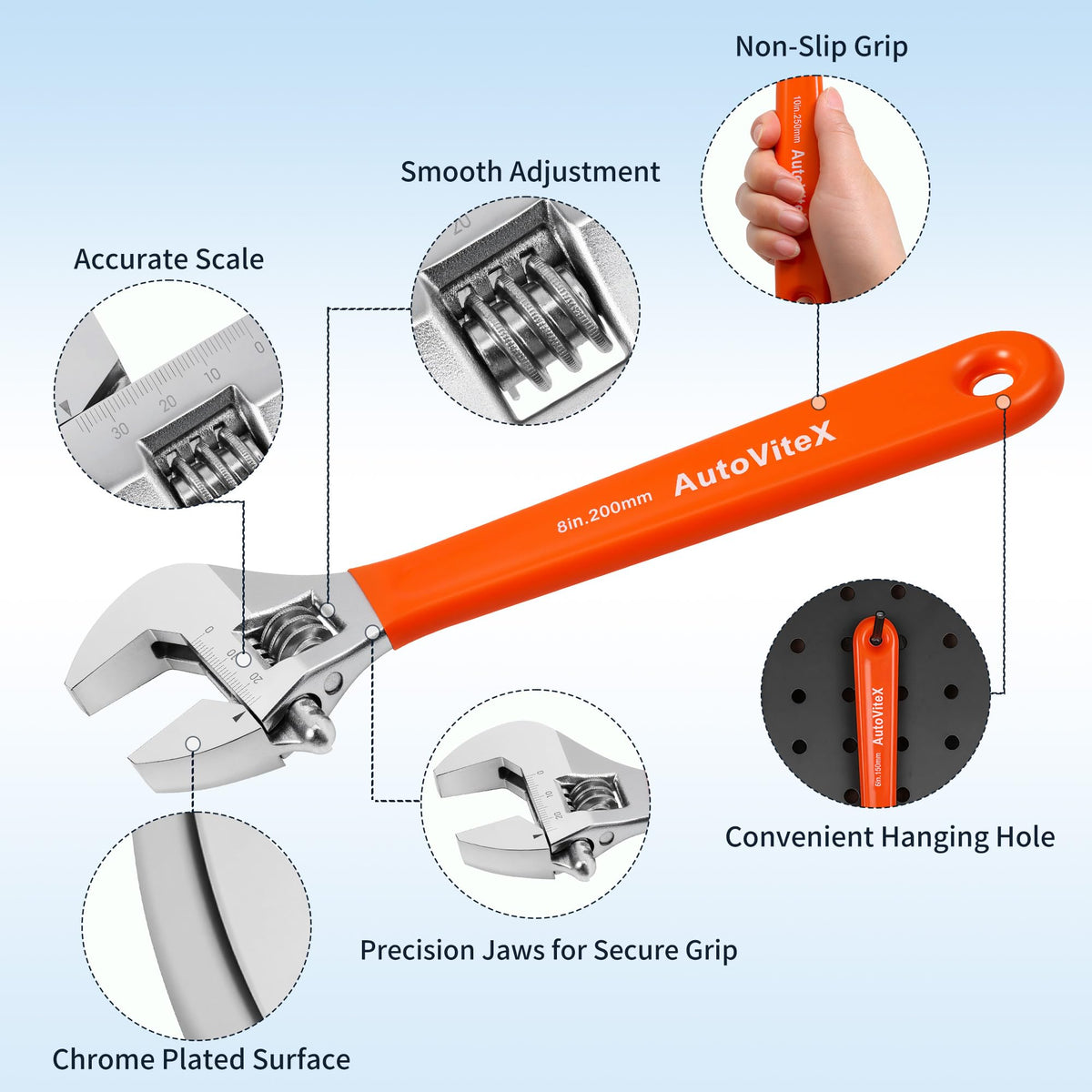 AutoViteX 8in wrench with chrome finish for rust resistance during auto repairs.