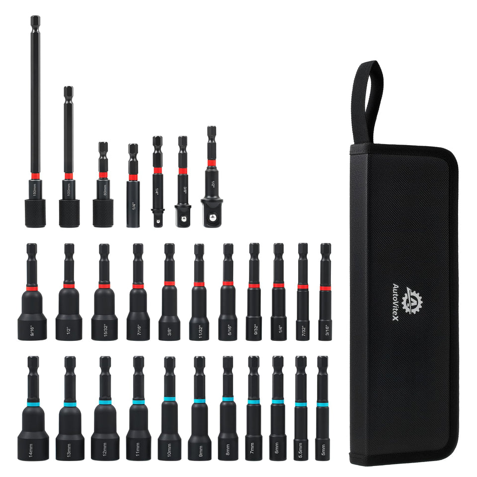 AutoViteX 29-piece magnetic nut driver set shown in full kit for fast one-handed fastening