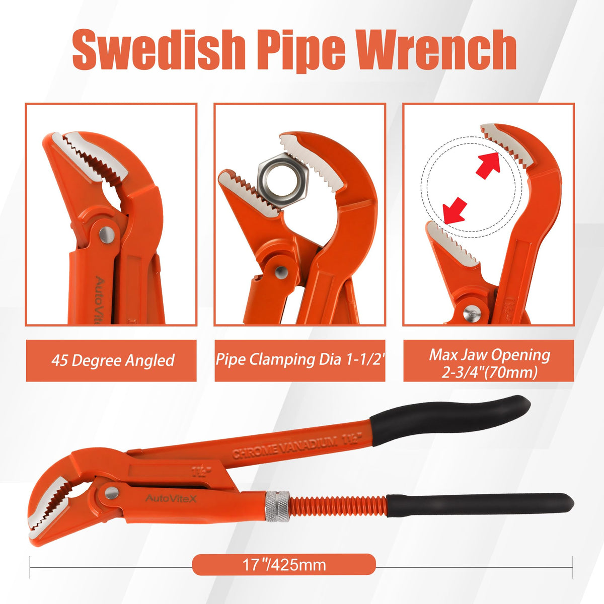 AutoViteX heavy-duty pipe wrench with chrome-knurled nut for fast locking.