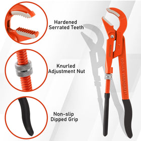 AutoViteX Swedish pipe wrench using 45° jaws to grip round objects.