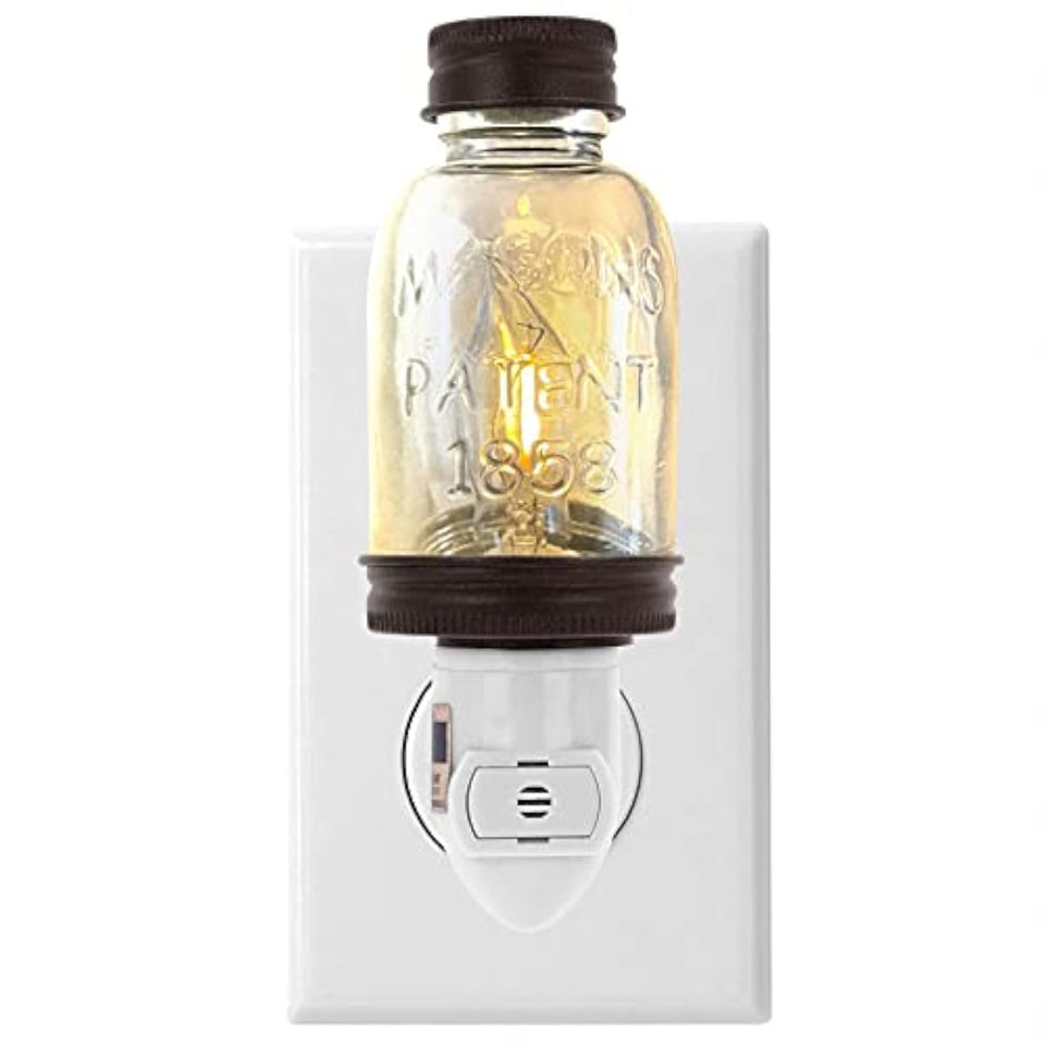 autumn alley bronze mason jar night light, front view with warm glow for cozy hallways.
