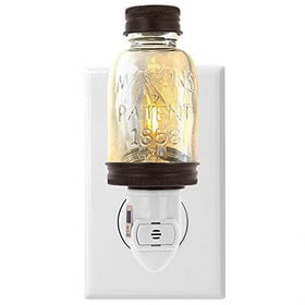 autumn alley bronze mason jar night light, side view showing compact plug-in design.