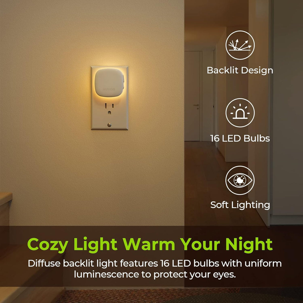 Auvon motion-sensor night light activates within 3-5 meters for safe guided steps.
