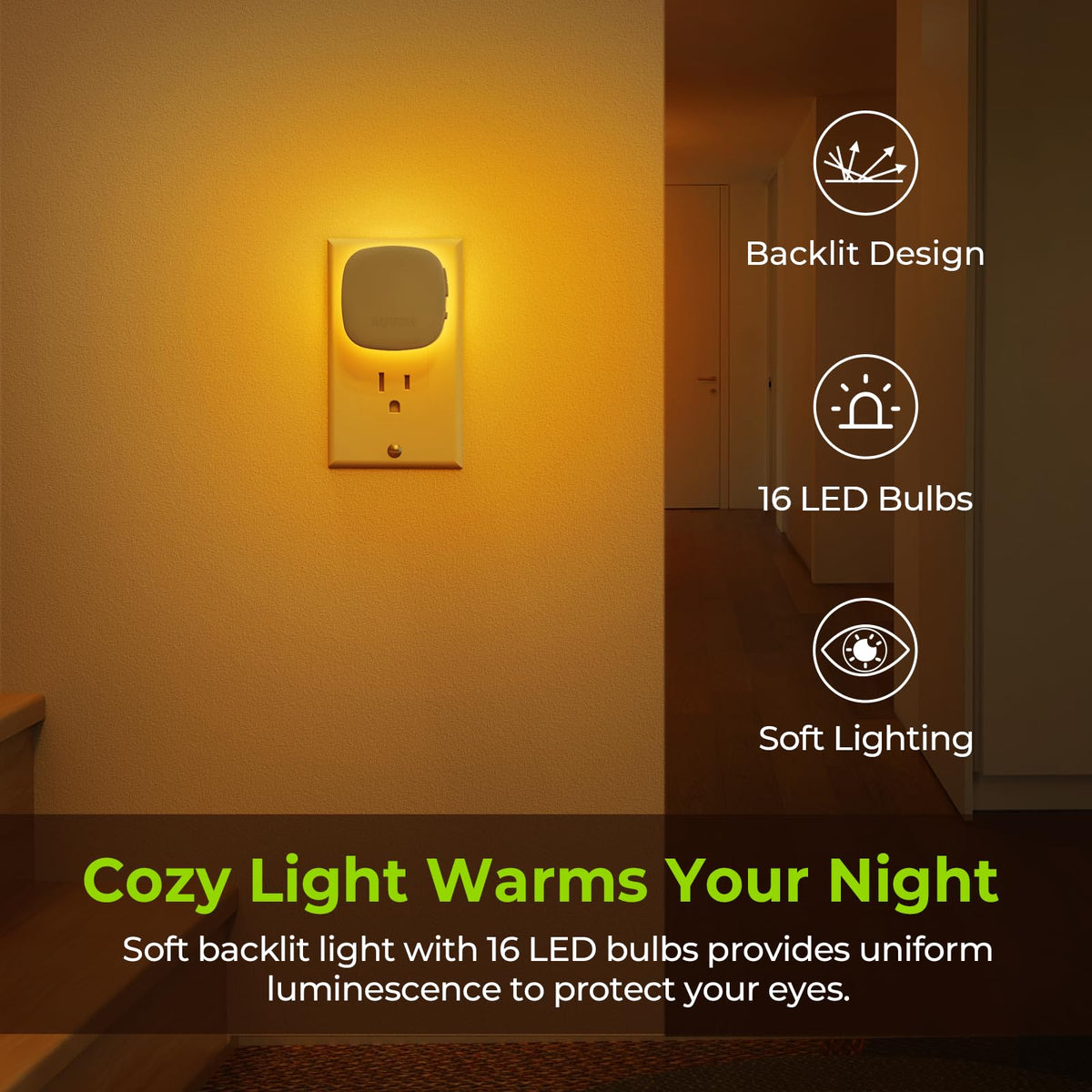 AUVON night light with motion sensor in amber glow for hallways