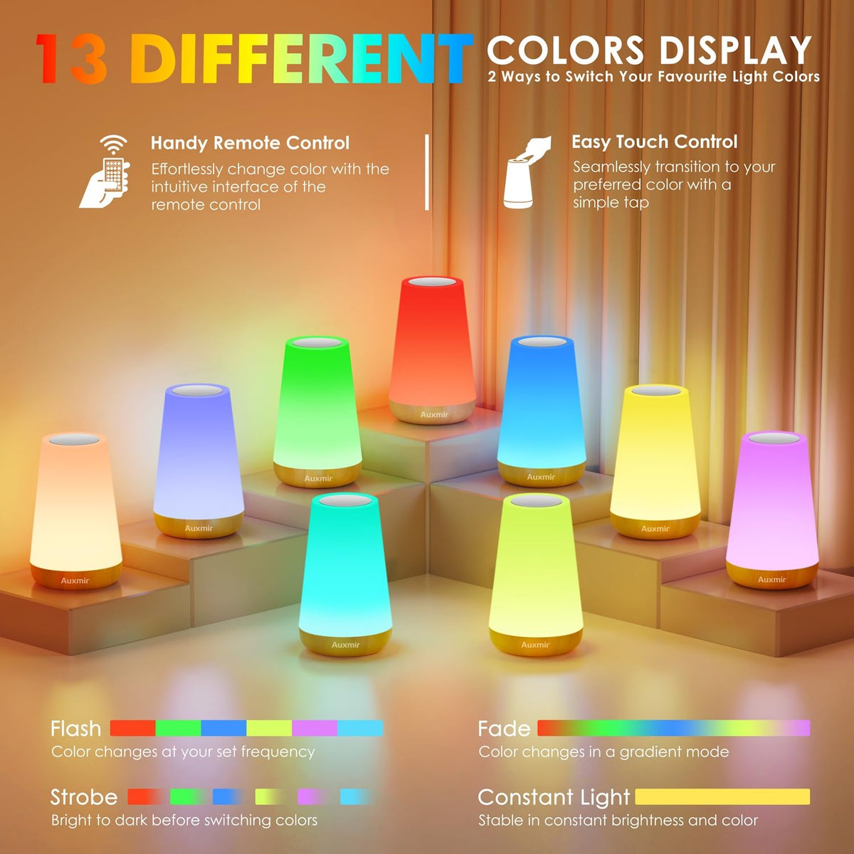 Auxmir night light shows 13 color options for versatile mood lighting.