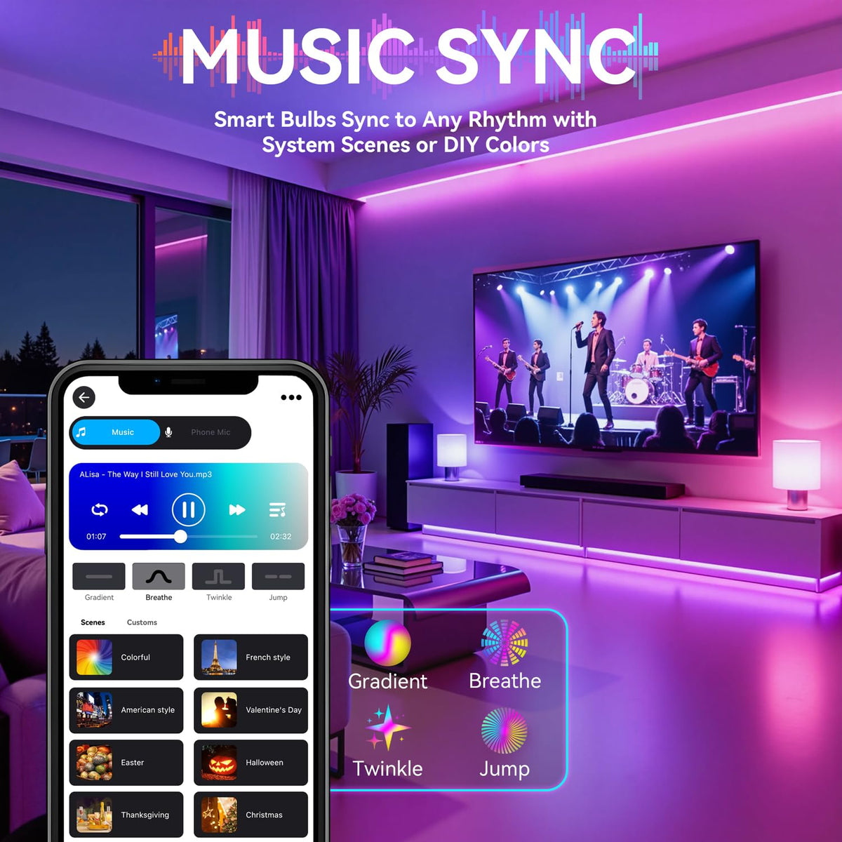 Auxmir music-sync mode changes colors with your playlist for lively gatherings.