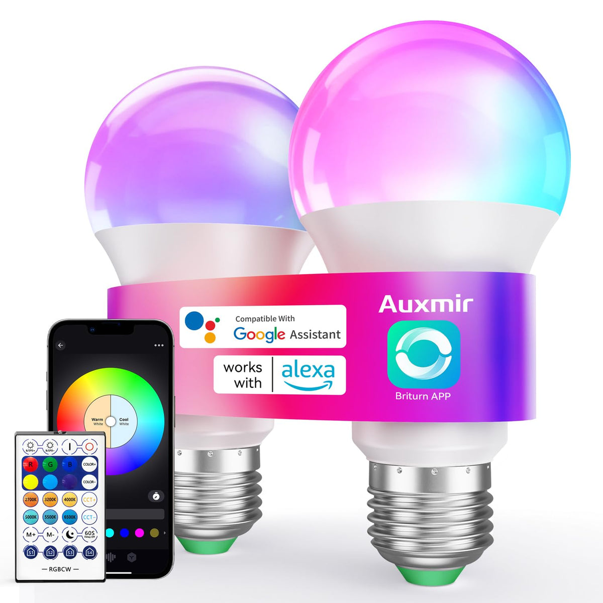 Auxmir smart bulbs with remote control for quick, app-free lighting adjustments.