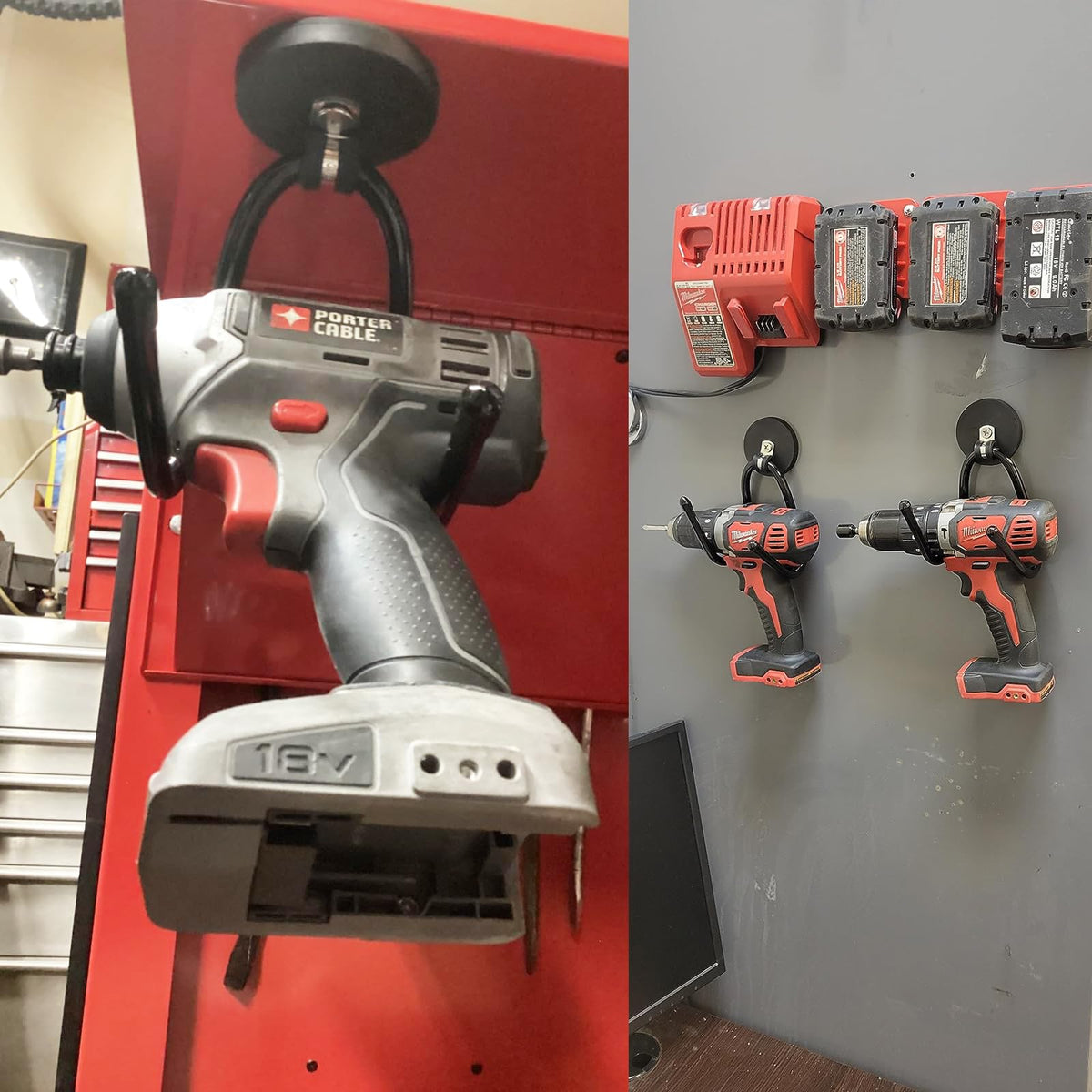 AUXPhome pegboard magnetic hook keeps saws and hard hats neatly in place.