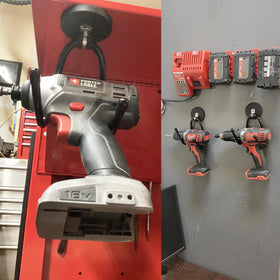 AUXPhome pegboard magnetic hook keeps saws and hard hats neatly in place.
