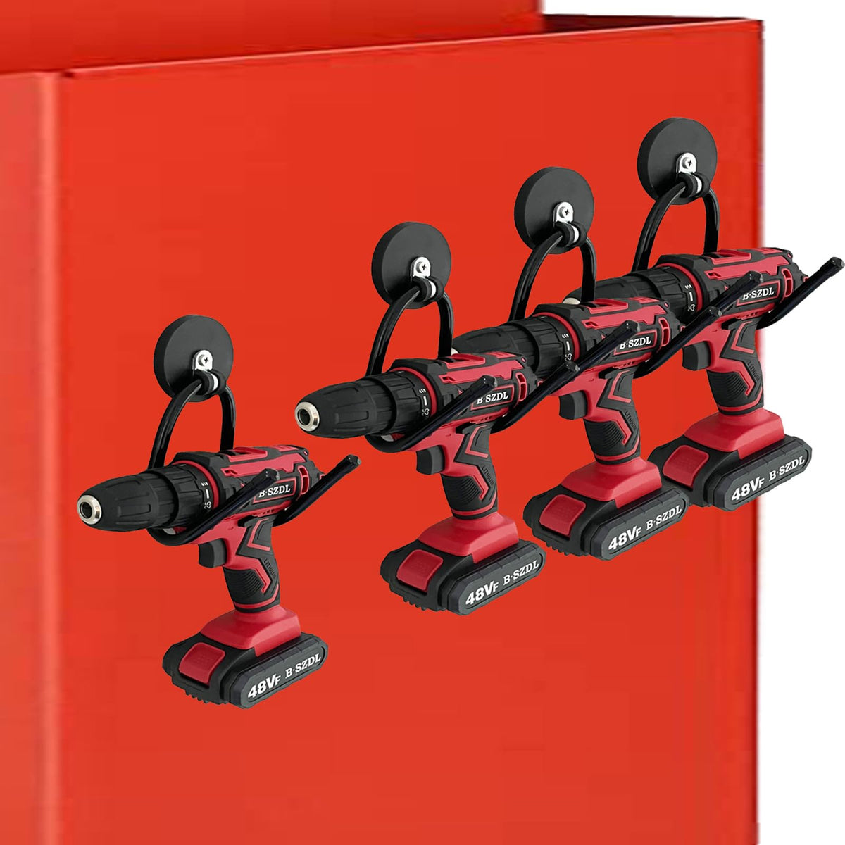 AUXPhome strong garage magnetic hook securely holds a drill on metal.