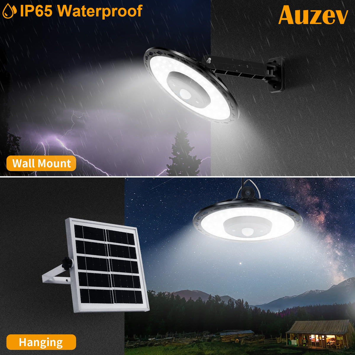 Auzev light shown with two installation options for shed or garage use.