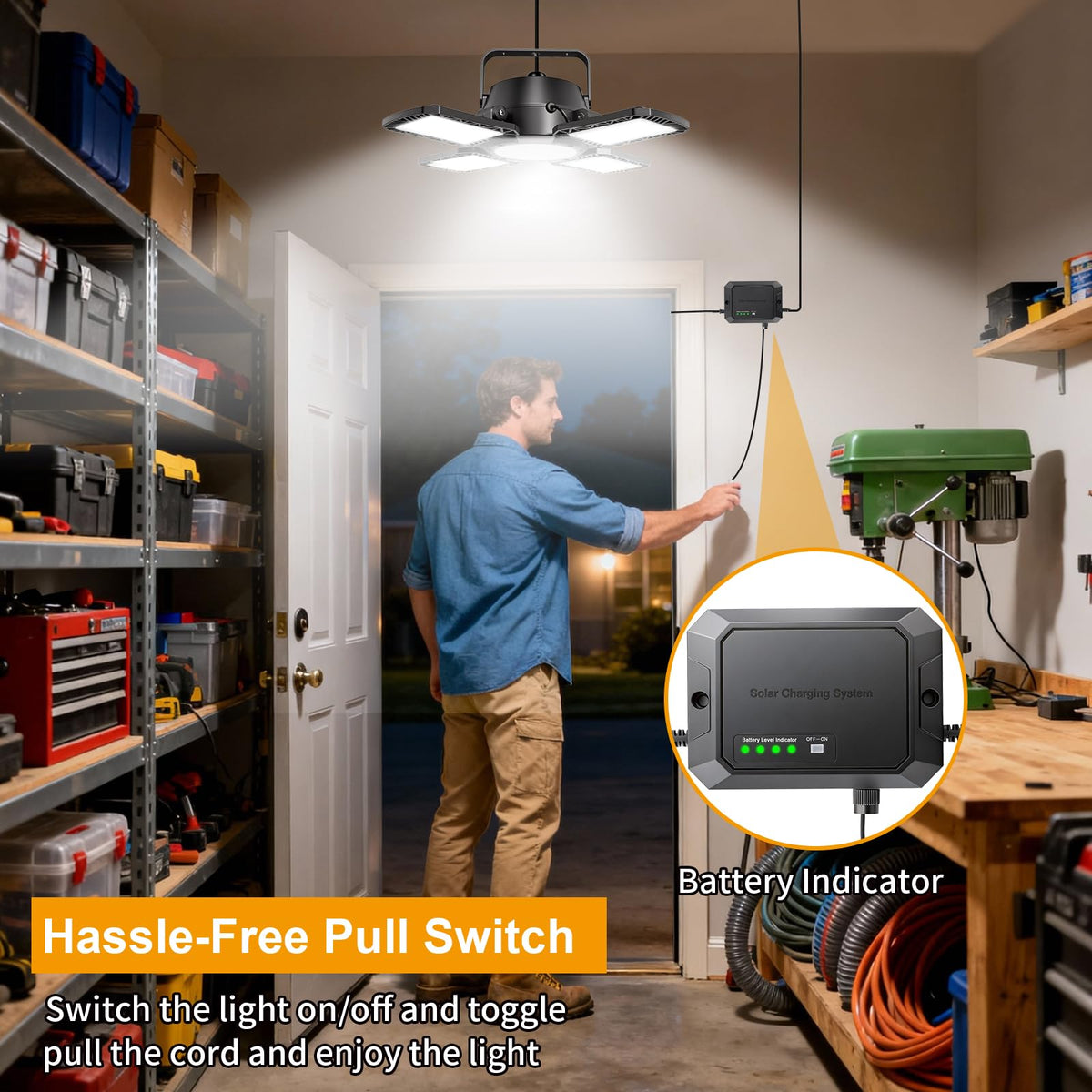 Auzev Solar Shed Light showing 172 LEDs for bright workshop coverage.