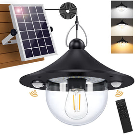 Auzev Solar Shed Light outdoor pendant illuminating a porch for evenings outdoors.