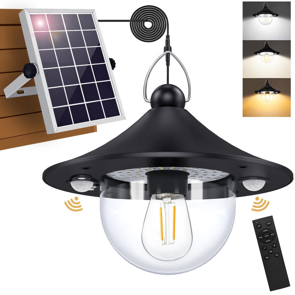 Auzev Solar Shed Light outdoor pendant illuminating a porch for evenings outdoors.