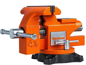 AV Steel 4-1/2-inch bench vise front view shows solid cast iron build for stable clamping.