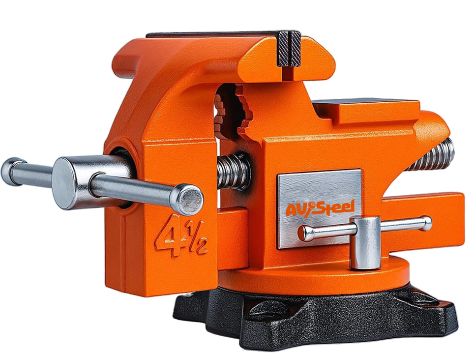 AV Steel 4-1/2-inch bench vise front view shows solid cast iron build for stable clamping.