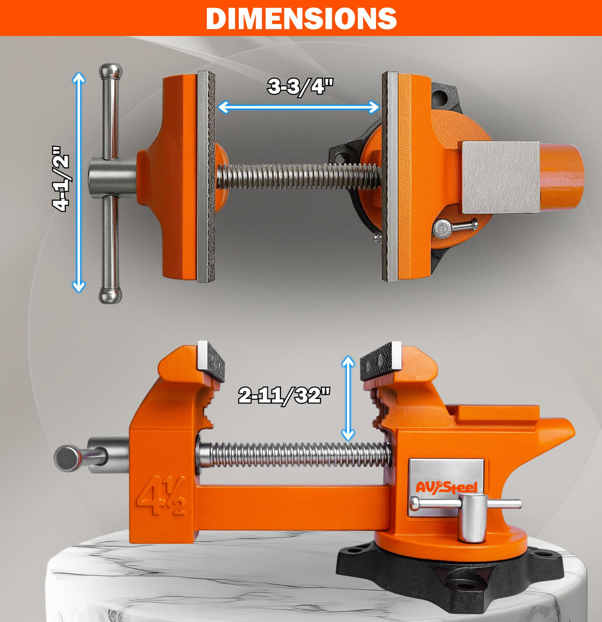 AV Steel bench vise with 240-degree swivel base enables flexible positioning.