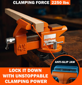 AV Steel bench vise with integrated anvil and pipe jaws for multiple tasks.