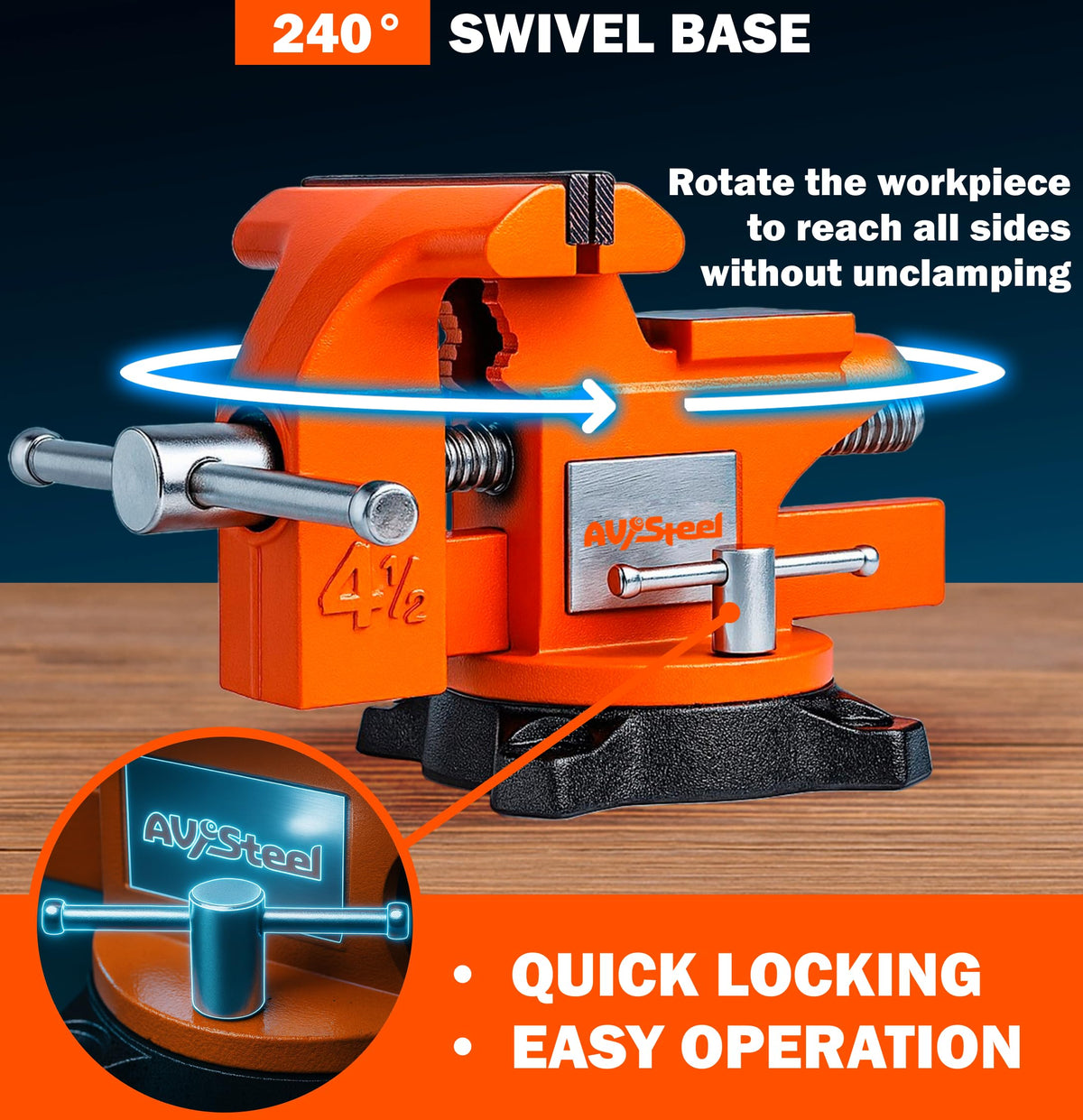 AV Steel 4-1/2-inch vise features pipe jaws for holding round stock.