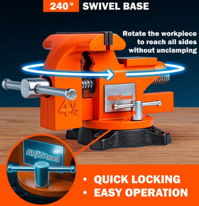 AV Steel 4-1/2-inch vise features pipe jaws for holding round stock.