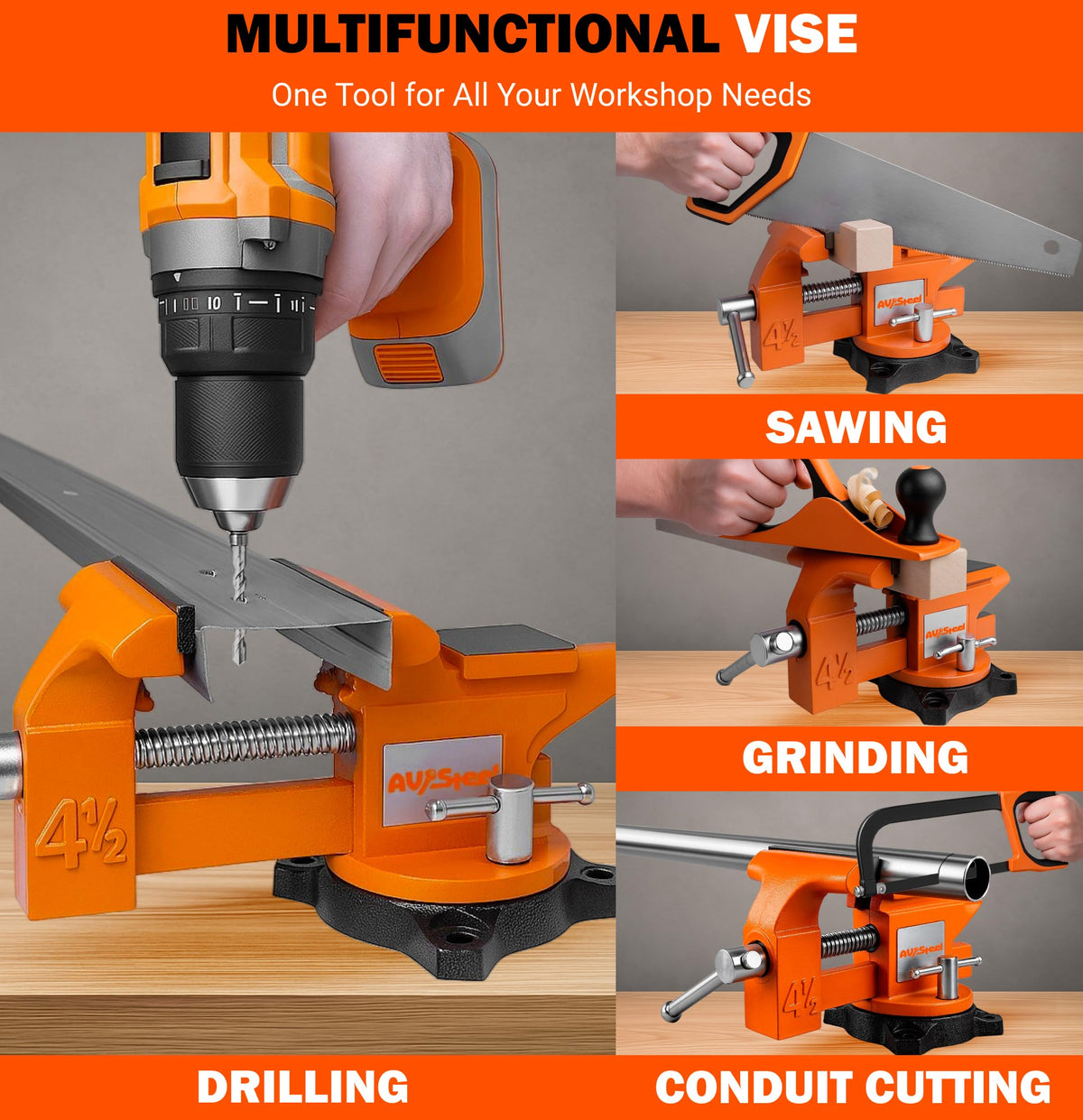 AV Steel versatile clamp with built-in pipe jaws for multiple workshop applications.