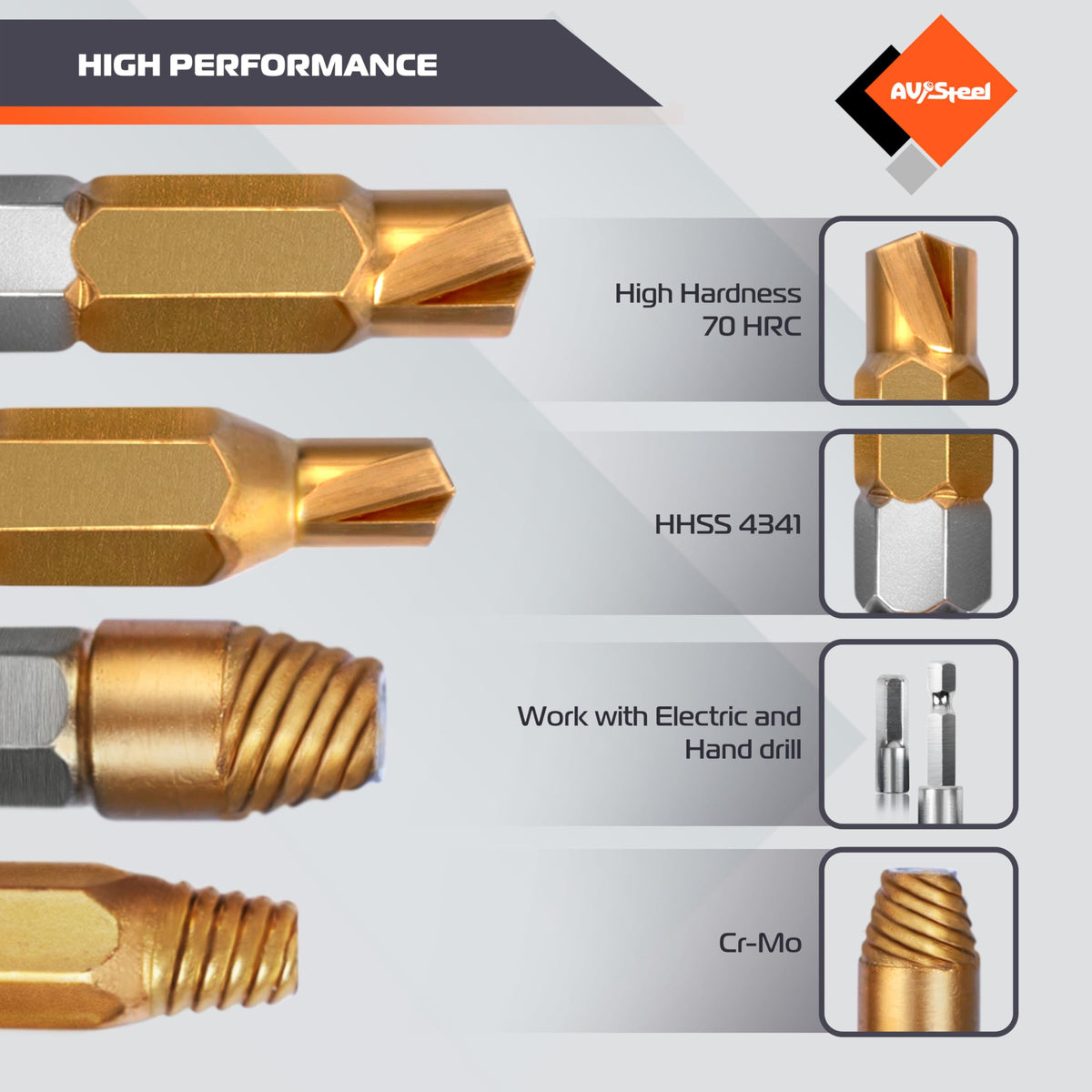 AV Steel extractor sizes and bits support efficient removal of damaged fasteners.
