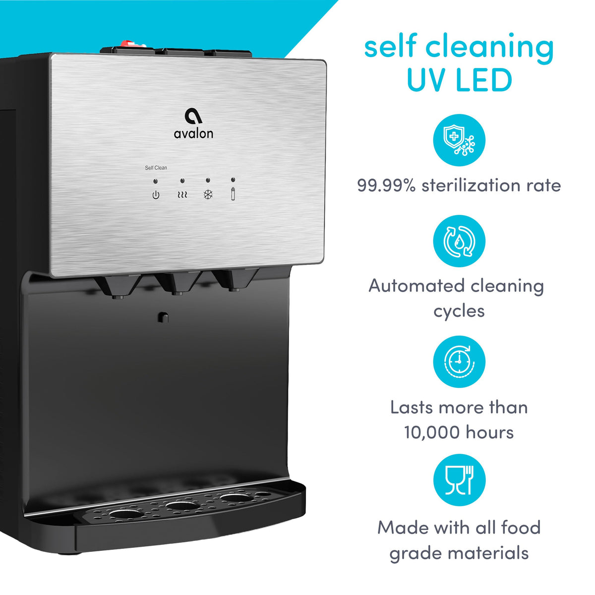 Avalon A12 self-clean ozone function promoting hygiene with automated tank cleaning, reducing maintenance effort.