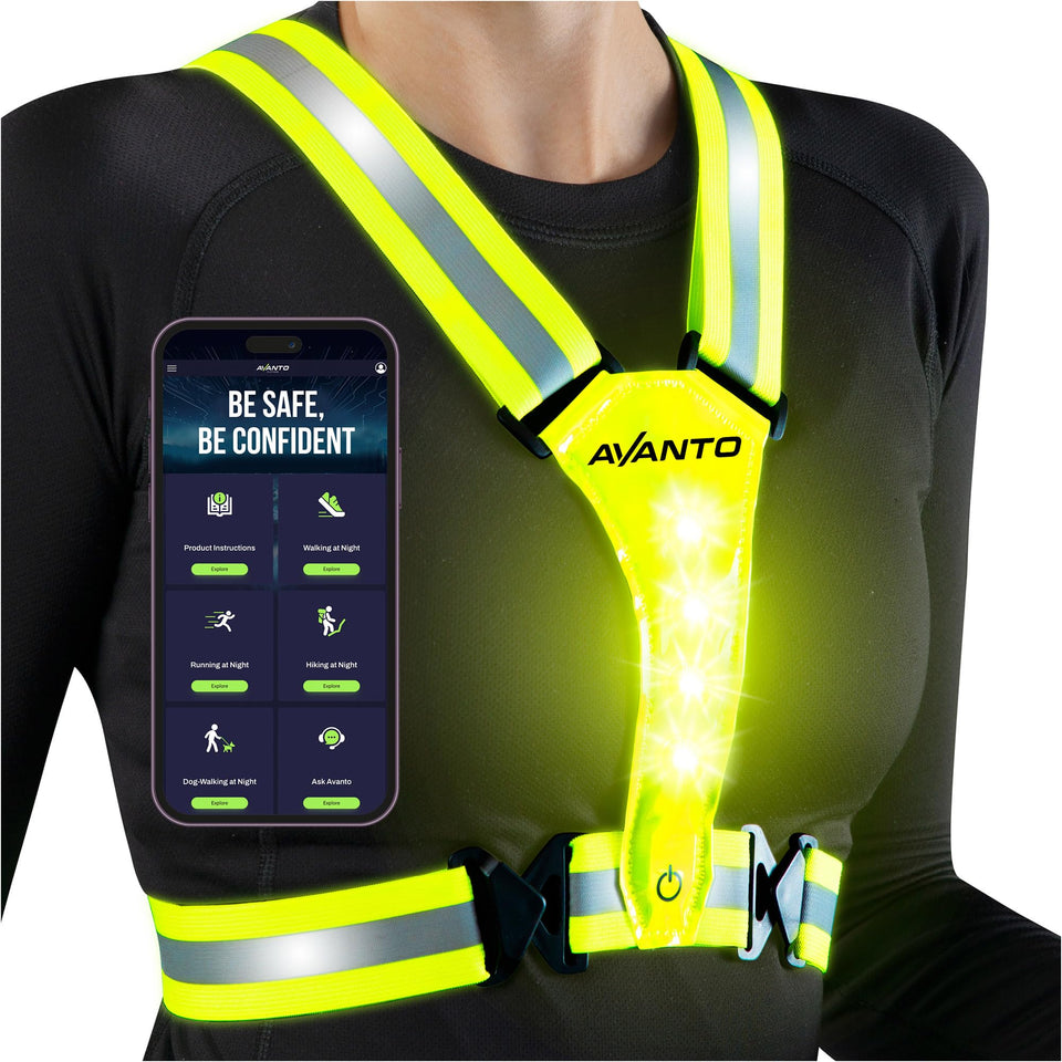 Avanto LED Reflective Vest front view boosts daytime and nighttime visibility for safer outdoor activity.