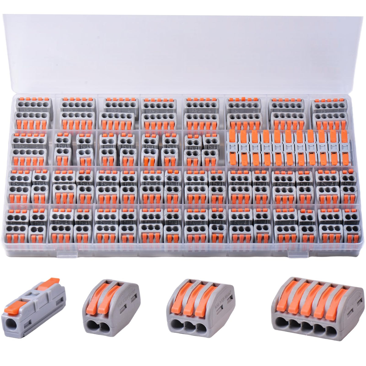 Avarbuvo lever wire connectors kit close-up showing ports for quick, tool-free splicing.