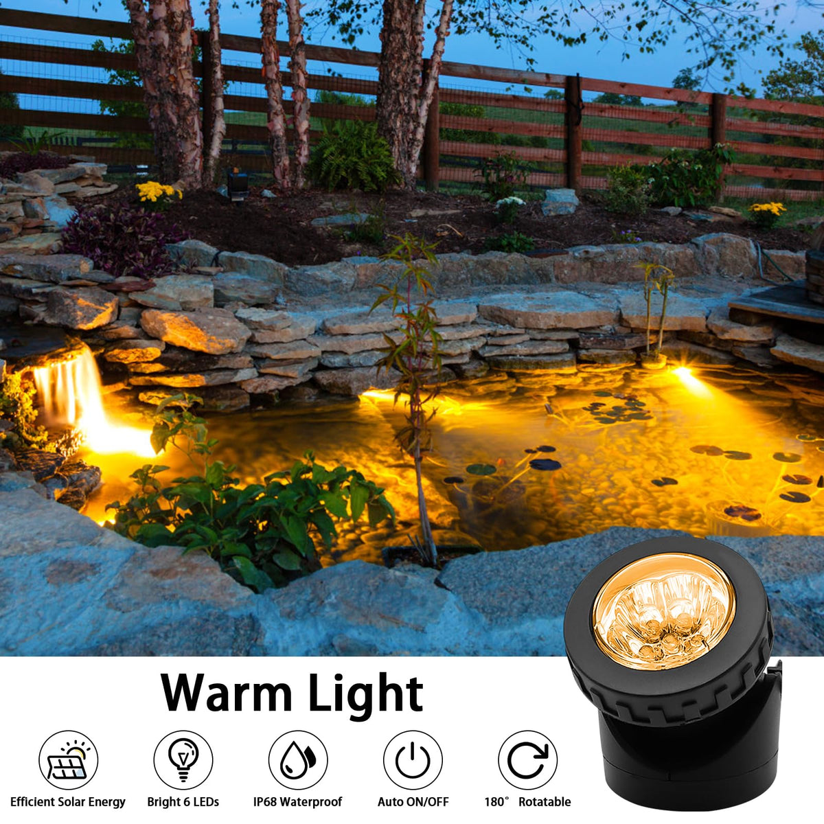 AVEKI warm white glow enhances ponds and walkways for welcoming nights.