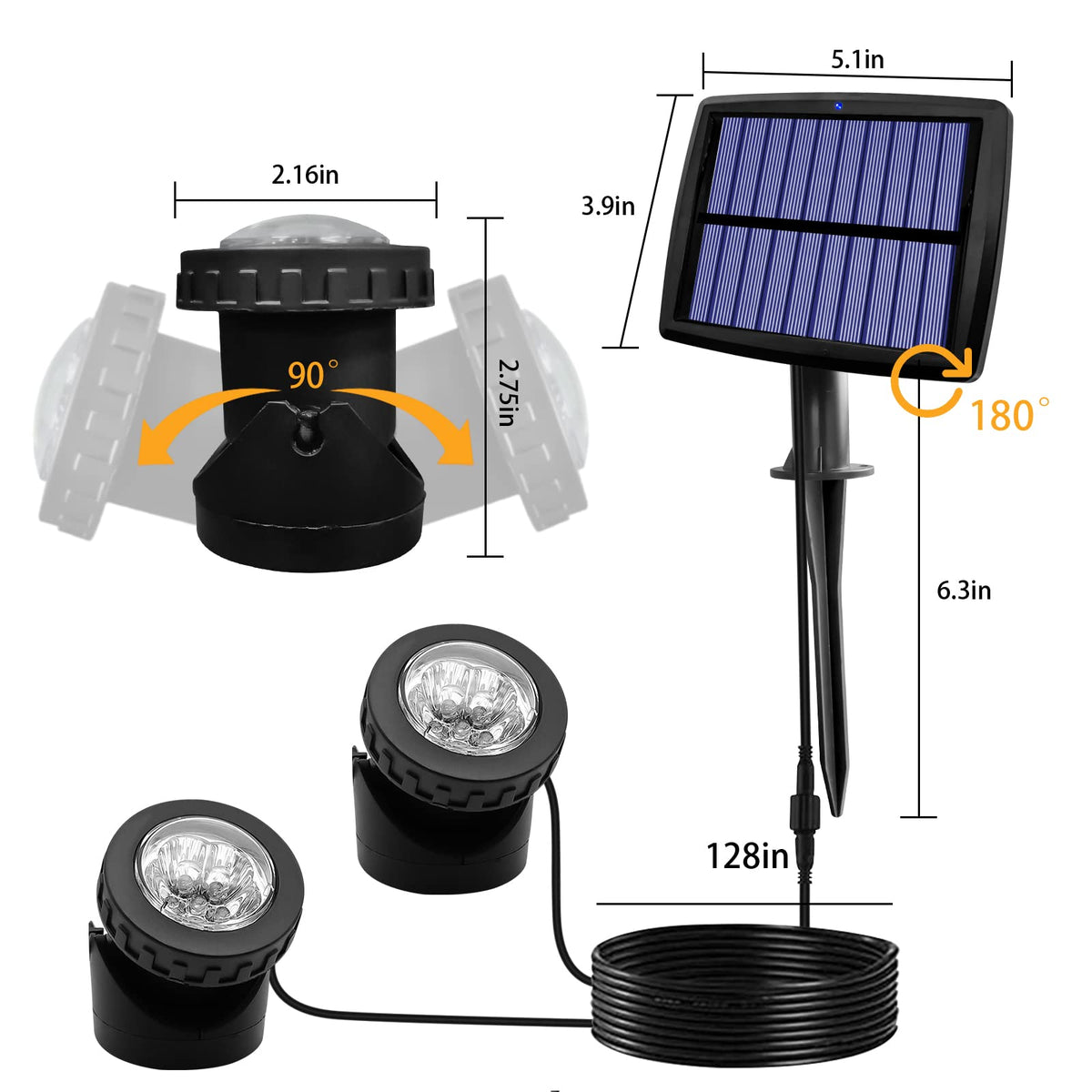 AVEKI dual-head spotlight highlights fountains and patios after sunset.