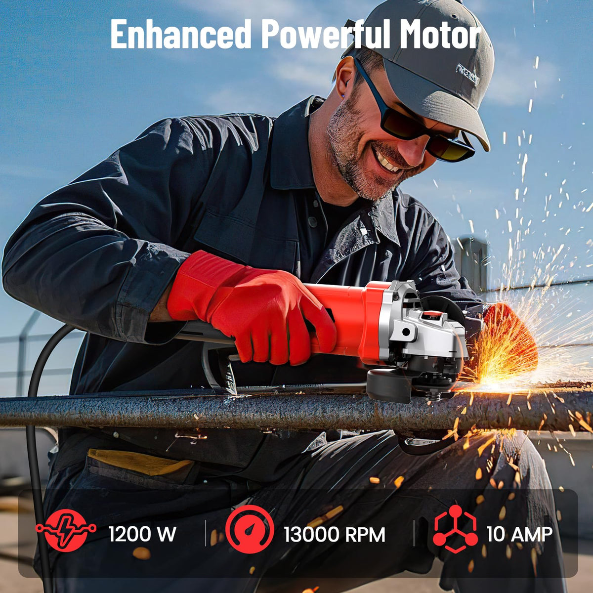 Avhrit angle grinder 10-amp motor close-up indicating powerful performance.