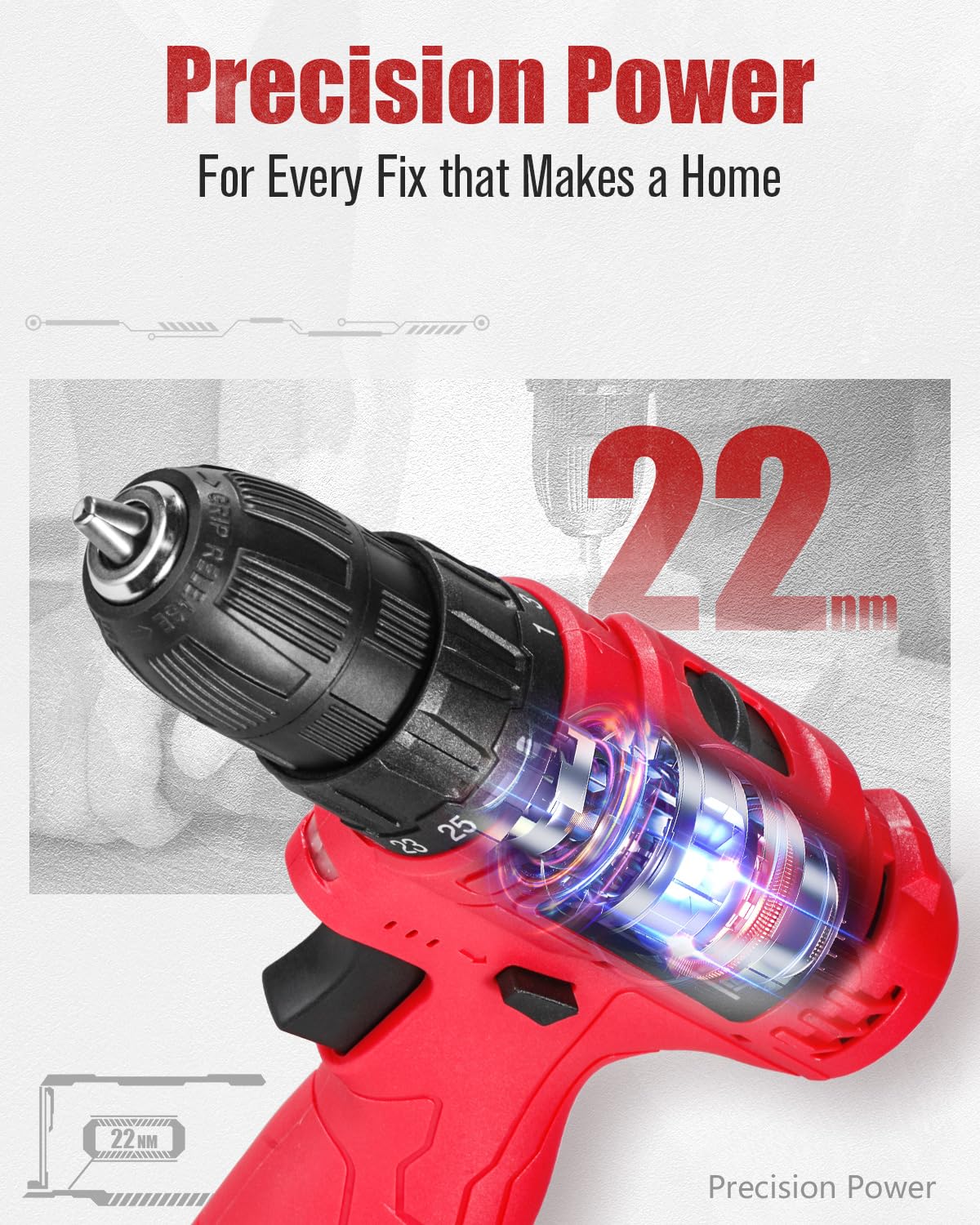 AVID POWER 12V drill with LED light illuminating the work area