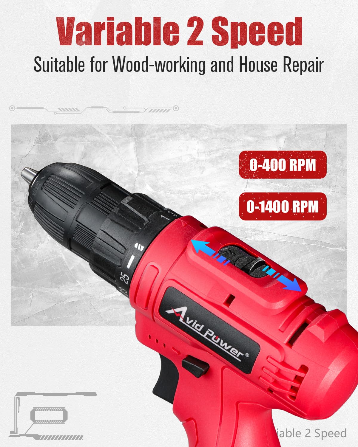 AVID POWER 12V drill quick-change chuck enabling fast bit swaps