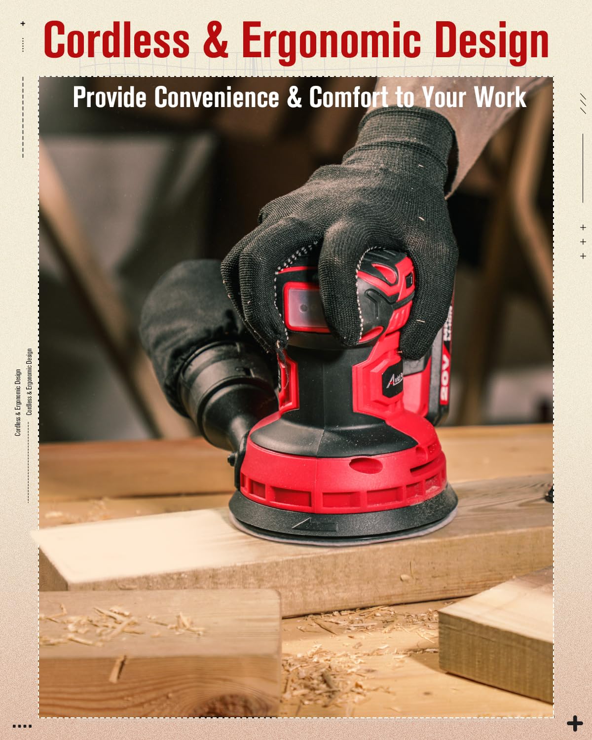 AVID POWER 20V battery in hand for cordless use.